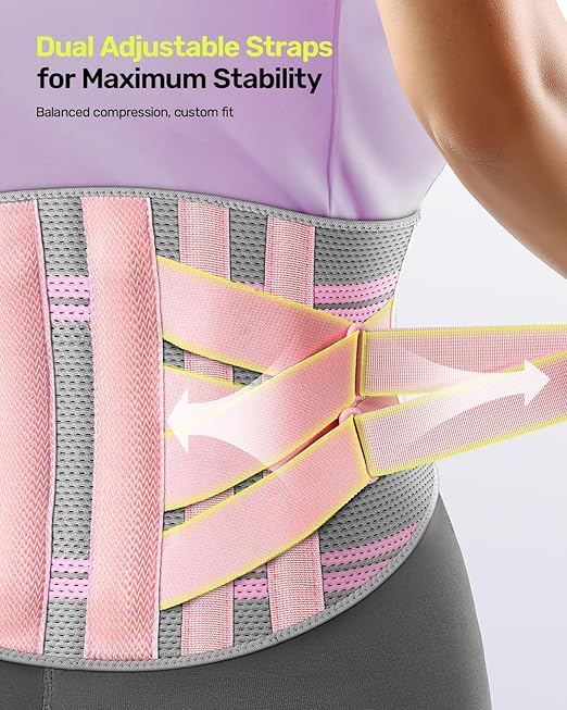 Rakiie Back Brace for Lower Back Pain Women with 9X Support System, Ergonomic Lumbar Support for Pain Relief, Breathable Mesh Design with 3D Silicone Pad for Sciatica, Sciatica, Pink Size L (Waist: 35.8"-43.7")