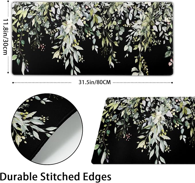 Sage Green Leaves Mouse Pad 31.5x11.8in Floral Black Gaming Mouse Pad Vintage Aesthetic Desk Pad Extended Large Desk Mat Non-Slip Rubber Base Stitched Edge Long Keyboard Mousepad for Computer Laptop