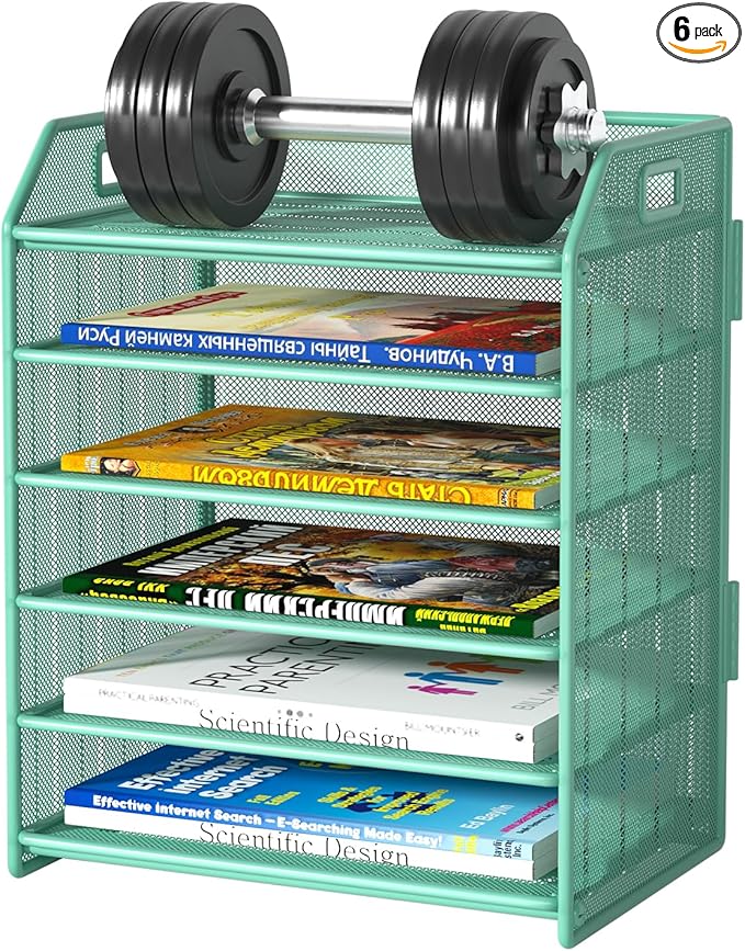 6 Trays Paper Organizer Letter Tray with Pull-Out Drawer, Assembled Mesh Desk File Holder, Metal Paper Sorter for Office Documents, Green