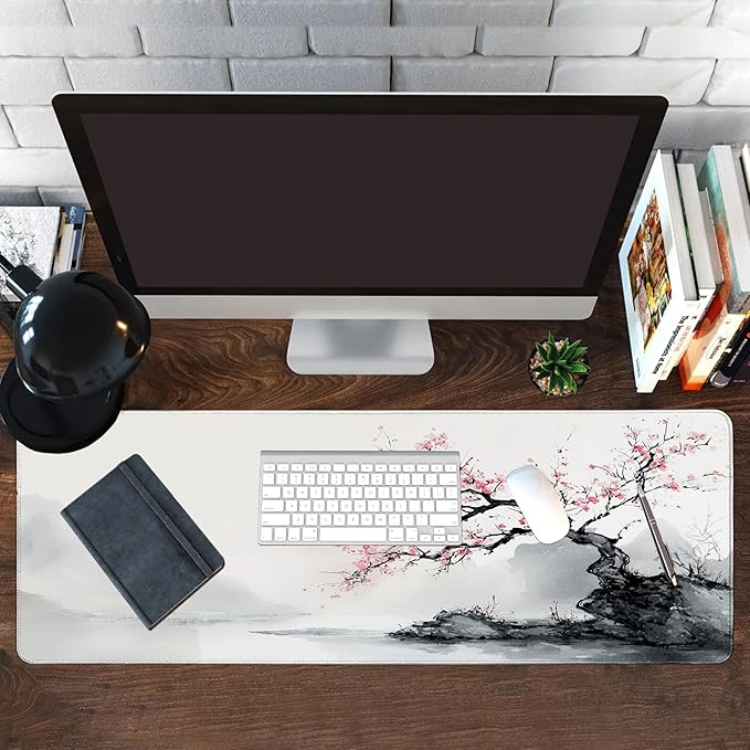Long Gaming Mouse Pad Extended Anime Large Desk Pad with Non-Slip Base Full Keyboard Mat with Stitched Edges for Gaming and Office 31.5 x 11.8 inches (White Cherry Blossom)