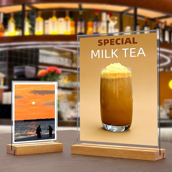 Acrylic Sign Holder with Wood Base 8.5x11 Inch Vertical and Slant Displays (5 Pack 8.5*11")