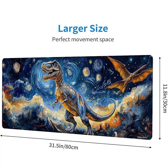Dinosaur Gaming Mouse Pad Oil Painting Night Sky Dreamy Extended Mousepad Waterproof Stitched Edges Rubber Base Non-Slip Deskmap Computer Keyboard Mat Office Computer Keyboard Laptop 31.5x11.8 Inch