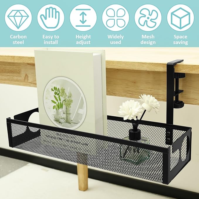 Under Desk Cable Tray, Easy to Install Cable Management Tray, No Drill Under Desk Wire Holder, Space Saving Cord Holder Shelf for Office Home Dormitory(Black)