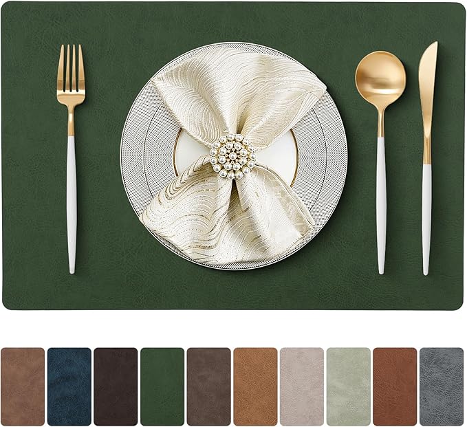 Placemats Set of 4 Reversible Dual-Color Table Placemats, Faux Leather 100% Waterproof Oil-Proof Wipeable Place Mats, Heat Resistant Dual Sided Table Mats for Kitchen/Dining/Party (Green&Gray