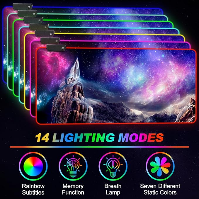 ARTSO RGB Gaming Mouse Pad, Large Extended Soft Led Mouse Pad with 14 Lighting Modes 2 Brightness, Water Resist Keyboard Pad, Computer Mousepads Mat 35.4x15.7inch, Starry Mountains