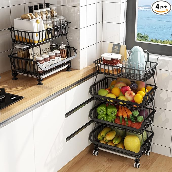 Metal Wire Baskets with Wheels, Stackable Storage Bins Kitchen Organizer Shelf 3-4-5-6 Tier Fruit Vegetable Cart Dishes Seasonal Rack Shelves for Garage, Pantry, Bathroom