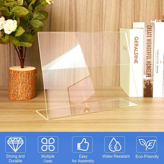 Acrylic Sign Holder 8.5 x 11 Horizontal 6 Pack Slant Back Acrylic Stands for Display Plexiglass Clear Acrylic Display Stands for Ad Frame, Picture Photo Frames, Promotions, Restaurants, Office