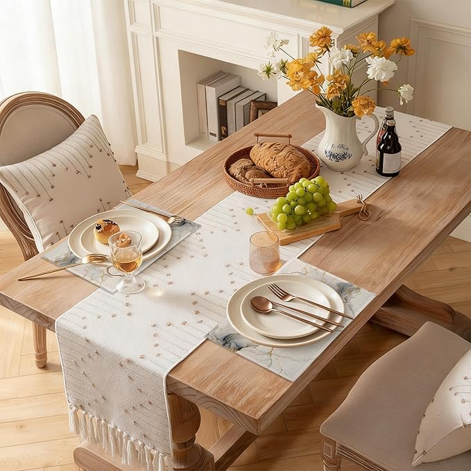 Placemats Set of 6, Abstract White Marble Texture Linen Placemats 12x18 Inch, Heat Resistant Table Mats, Washable Non Slip Place Mats for Dining Table Kitchen Home