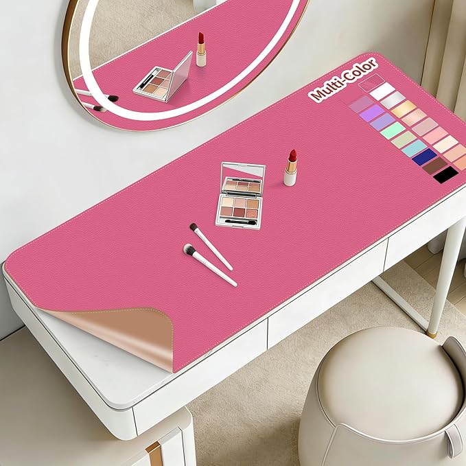 Makeup Mat for Vanity to Protect Desk Top 31.5 x 15.7 in, Dual-Sided Makeup Mat, Easy to Clean Desk Pad - Waterproof and Oilproof Vanity Accessories (Hot Pink and Khaki)