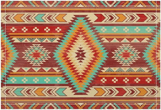 Vintage Aztec Southwest Placemats Ethnic Style Design Boho Geometric Pattern Linen Washable Table Mats Stain Heat-Resistant Desktop Decor Place Mats for Home Kitchen Dining Party 12x18 in 6 Pcs