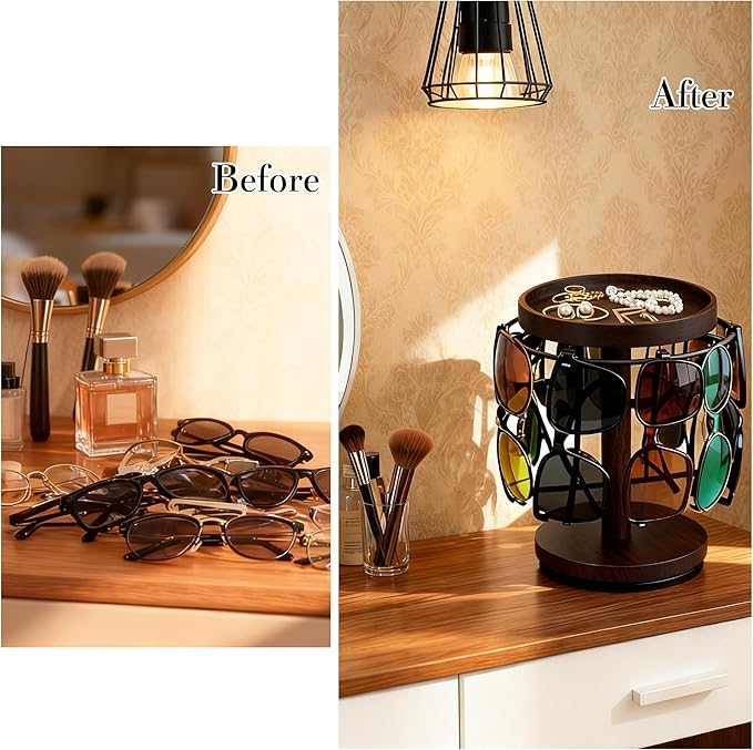 Sunglasses Organizer 360° Rotating Eyeglass Holder Stand with Wood Tray and Base, Eye Glass Display Rack for Multiple Sunglass Storage for Table Dresser Nightstand Desk