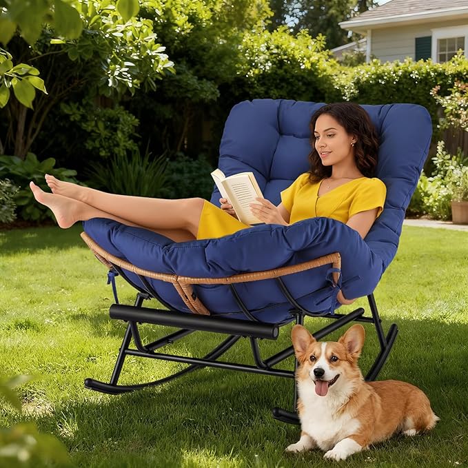 Garvee 2PCS Papasan Rocking Chair with Foot Rest, Oversized Papasan Chair with Thick Removable Cushion and Metal Frame, Lounge Chairs and PE Rattan Rocker for Patio, Porch, Garden, Lawn, Living Room