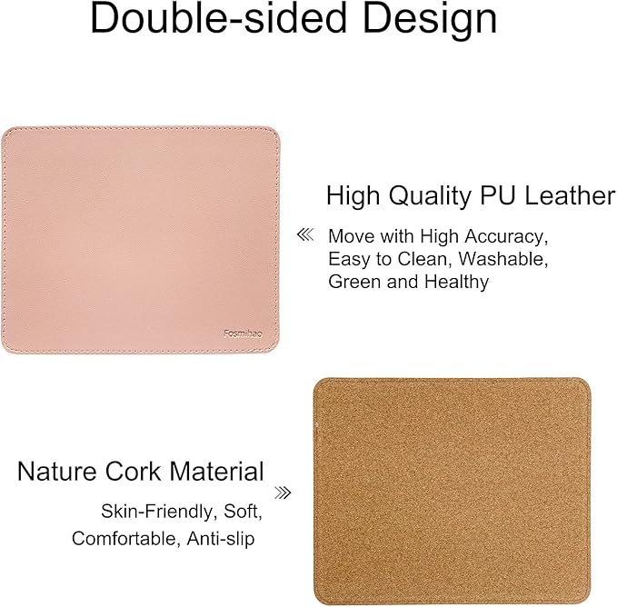 Leather Mouse Pad - Wood Mouse Pad, Double Side Mouse Pad with Stitched Edge, Waterproof Ultra Thin Mouse Pad for Computers, Laptop, Office & Home, 10.2 x 8.3 Inch, 1 Pack (Pink)