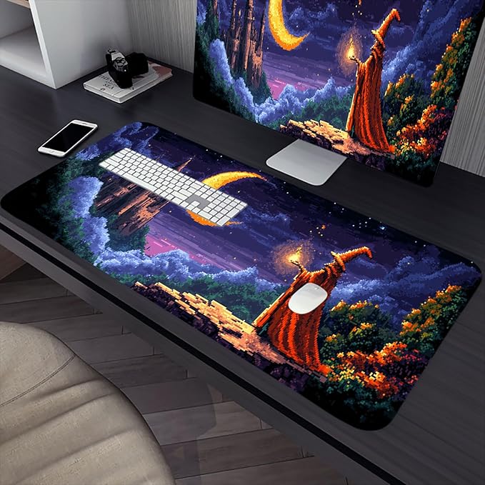 Pixel Art Desk Mat Wizard Magic Moon Mysterious Castle Large Gaming Mouse Mat with Stitched Edges,Non-Slip Waterproof Rubber Base Mous Mat 31.5"x11.8" Office Computer Keyboard Laptop Home
