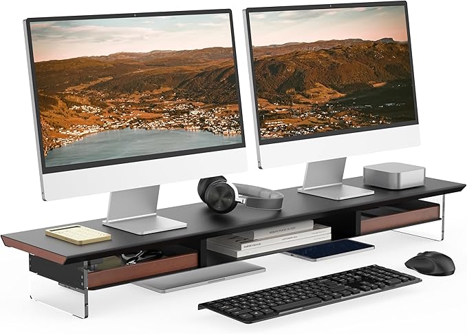 Fenge 42.5” Dual Monitor Stand Riser with 2 Felt-Lined Drawers, Aesthetic Metal and Wood Monitor Shelf with Acrylic Legs, 2-Tier Desk Organizer for 2 Monitors, Laptop, Printer, TV, Black