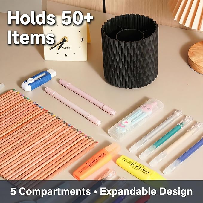 Black Pen Holder for Desk, 360° Rotating Pen Organizer with 5 Slots - Spinning Pencil Holder & Pencil Cup for Office, Art Supply, Makeup Brush - Desk Organizer for Home, School