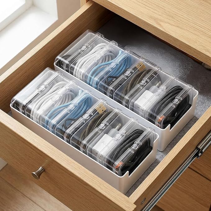2 Set Cable Organizer Box with 14 Clear Switch Case, Desktop Charger Cord Storage Organizer Box, Charger Cable Organizers for Home Office Desk Accessories Wire Organization Stationery Supplies (White)