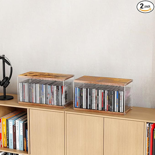 2Pack Stackable Wood Acrylic CD Holder Desk Rack Organizer Holds up to 60 CD Jewel Cases Media Storage Rack for Movie & Video Games Collections (Burning Wood, Short)