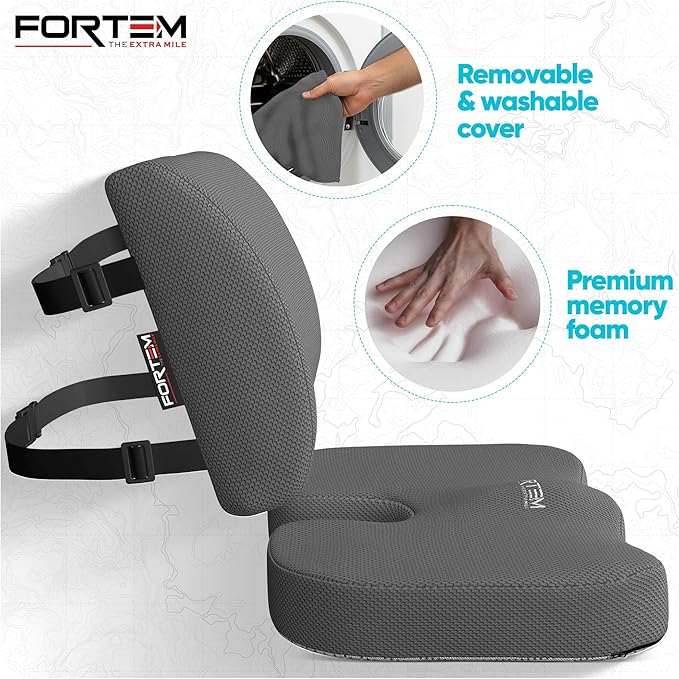 FORTEM Seat Cushion, Office Chair Cushion, Lumbar Support Pillow for Office Chair, Memory Foam Car Seat Cushions, Sciatica Coccyx Tailbone Pain Relief, Cushions for Back Support, Washable, Non Slip XL
