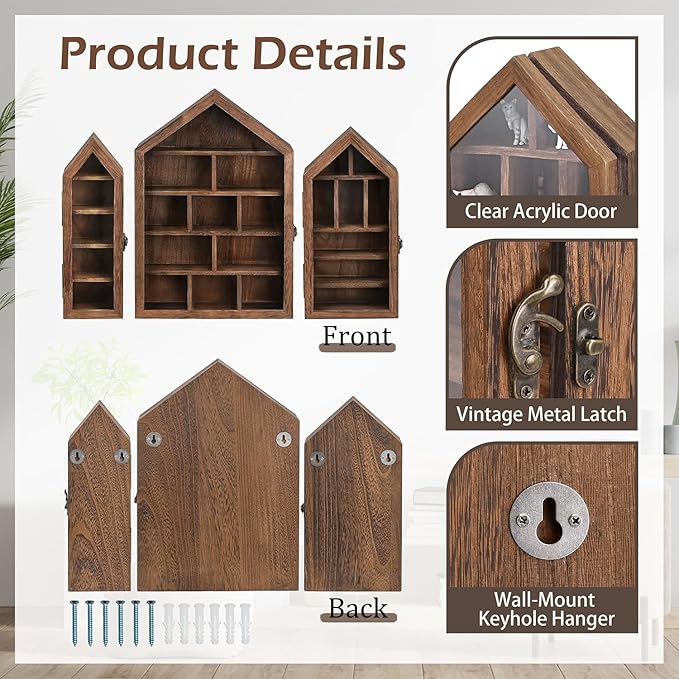 Ikee Design 3 Pcs Set Wall-Mounted House-Shaped Wooden Shadow Cubby Box Display Shelf with Door Storage Display Case for Collectibles, Trinkets, Mini Figures, Brown Color, 21.1W x 3.1D x 14.8H in