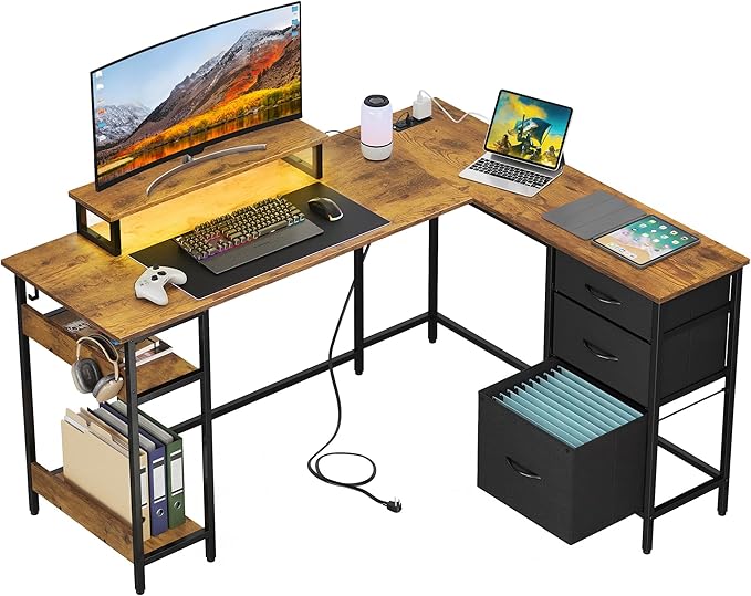 DEVAISE 55 Inch L Shaped Gaming Desk with Drawers and Storage, Corner Desk with LED Lights, Power Outlets, Computer Desk with Monitor Stand, Office Desk for Home, Rustic Brown