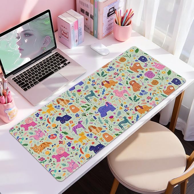 DINKY Leather Desk Pad Protector Mouse Pad, Green Non-Slip Computer Mat for Desk, Cute Dog PVC Leather Office Desk Mat, Laptop Desk Blotter for Keyboard and Mouse