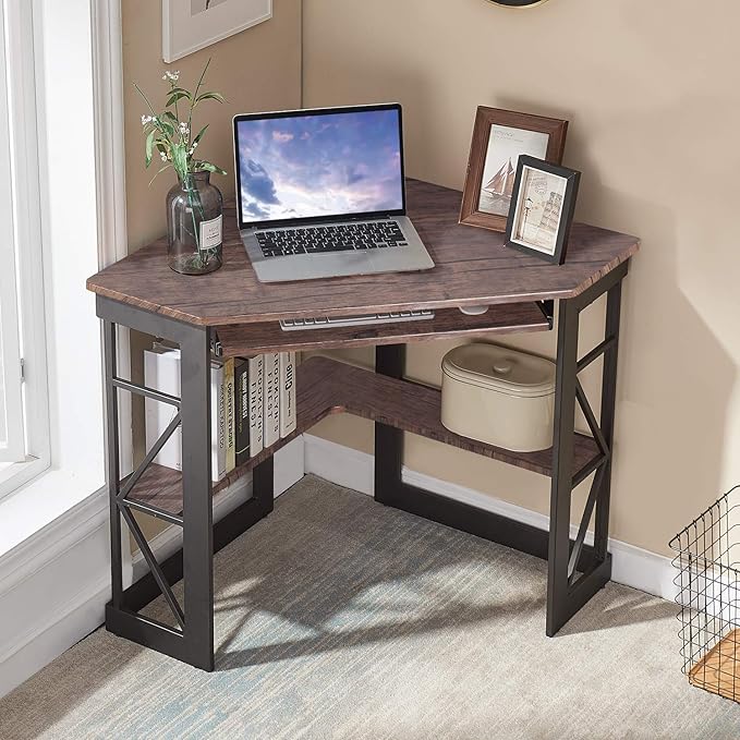 VECELO Corner Desk Computer Desk Writing Table with Smooth Keyboard Tray & Storage Shelves,Compact Home Office Triangle Table,Rustic Brown