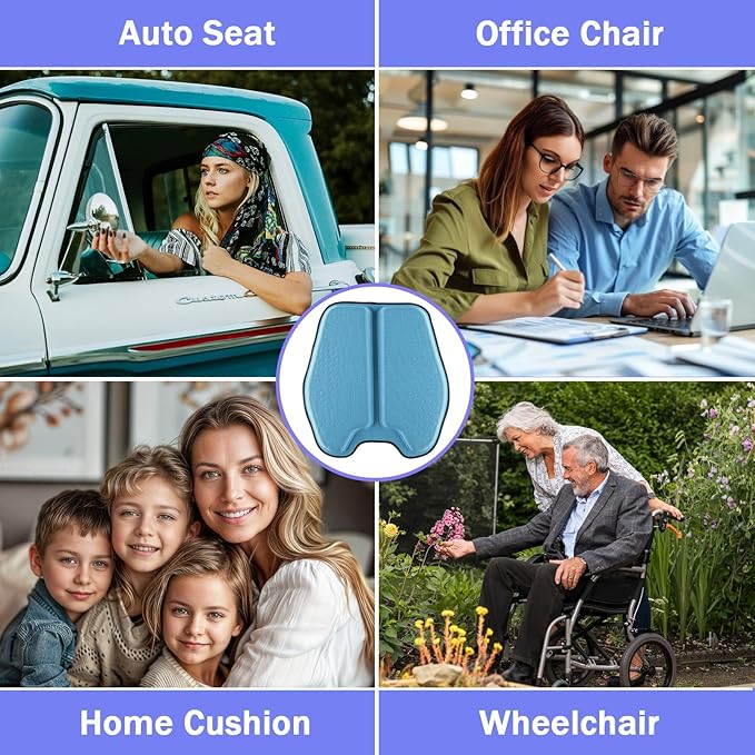 Soft Thin Gel Seat Cushion for Car Seat, Office Chair, Wheelchair, Stadium - Non-Slip Car Seat Cushions with 1 Inch Gel - Sciatica & Tailbone Pain Relief (Blue)