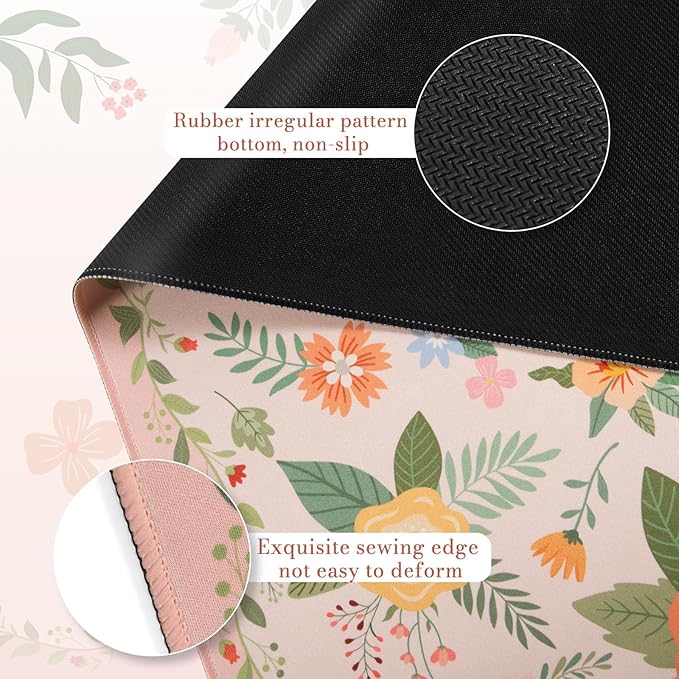 iCasso Floral Desk Mat for Keyboard and Mouse,Cute Gaming Mouse Pad XXL,Anti-Slip Desk Matt for Desktop,Soft Lycra Surface Computer Mat Women,Girly Big Mousepad for Home Office (Pink Floral)