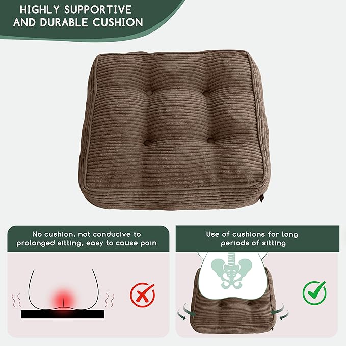HIGOGOGO Tufted Corduroy Recliner Seat Cushion for Elderly, 20x20x5 Inch Large Square Seat Cushion for Recliner Chair, Floor Pillow, Office Chair, Car, No Pressure on Thighs, Brown