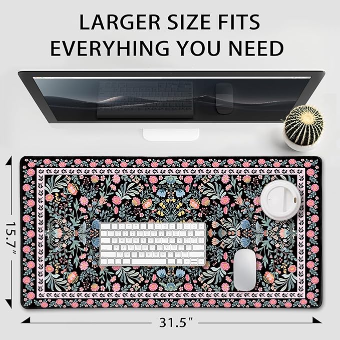 Black Floral Desk Mat, 31.5"x15.7" Large Mouse Pad, Anti-Slip Rubber Base Mousepad, Keyboard Pad with Stitched Edges, Water-Resistant Smooth Desk Blotter, Computer Mat for Home Office Desk