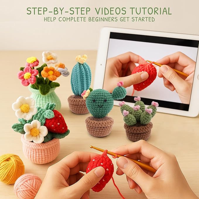 HOUSE CREATIVITY Crochet Plant Kit for Beginners – Make a Cute Strawberry Potted Plant, Amigurumi Crochet Starter Kit with Video Tutorial, Yarn, Hook & Pot, DIY Desk Decor Craft for Adults