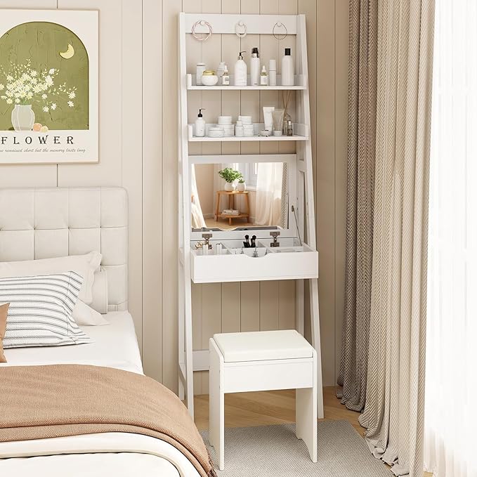 CHARMAID Small Vanity Desk with Mirror, Ladder Makeup Vanity Table with Flip top Mirror, Open Shelves, Hidden Storage Compartments, Compact White Bedroom Dressing Table with Stool for Small Space