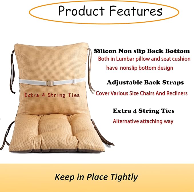 Office/Dining Kitchen Chair Soft Nonslip Lumbar Support Pillow Low Back Pain Relief Backrest with Adjustable Straps and Ties,Tufted Seat Cushion for Recliner,Wood/Rocking Chair.