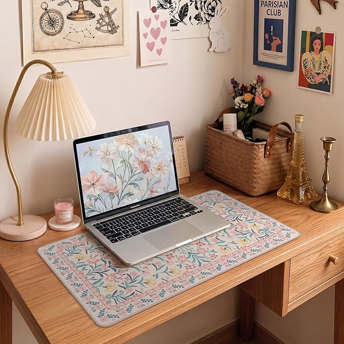 iCasso Pink Aesthetic Flower Mouse pad for Laptop, Desk Matt for Desktop 13.7"x23.6", Anti-Slip Mousepad with Stitched Edges for Laptop Computer Keyboard(Pink Floral)