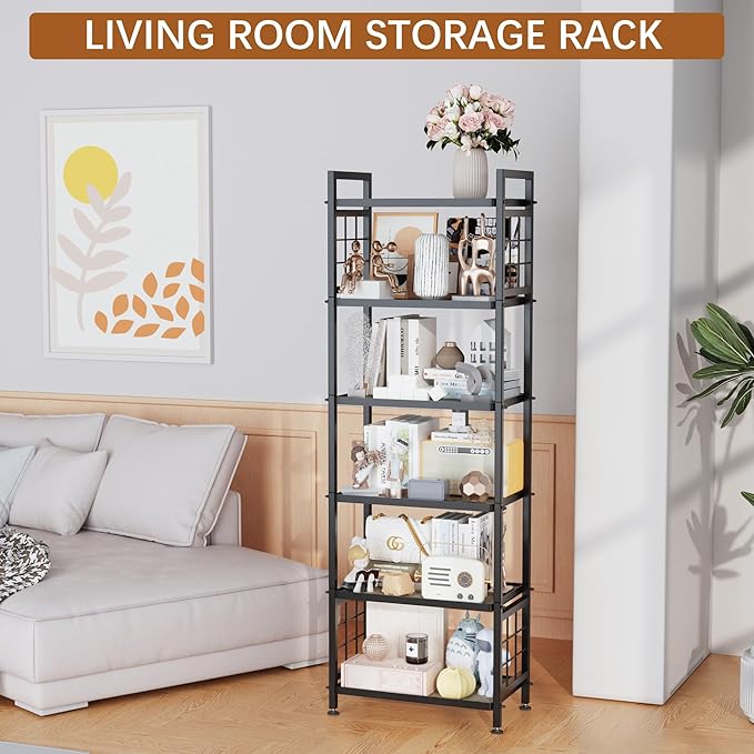 GIOTORENT 6-Tier Pantry Shelves with Wooden Boards, Heavy Duty Storage Shelves & Book Shelf, Adjustable Metal Shelving Unit for Kitchen Bathroom Laundry Organizer, Sturdy Rust-Resistant, Black
