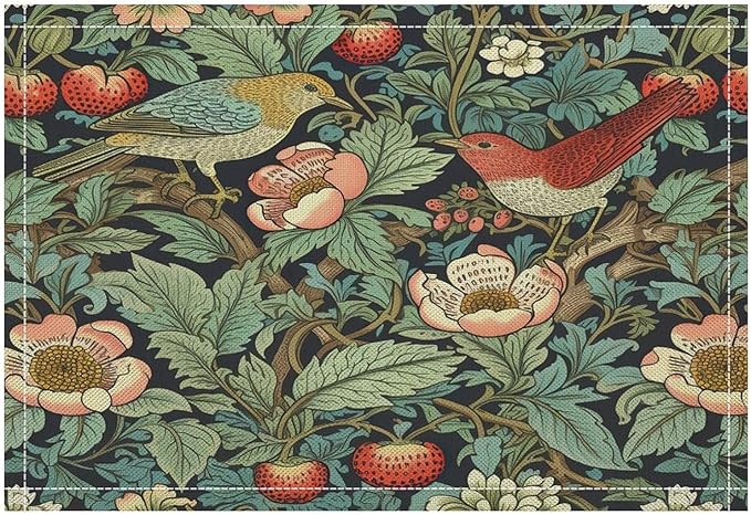 William Morris Botanical Art Placemats Strawberry Thief Floral Bird Linen Washable Table Mats Stain Heat-Resistant Desktop Decor Place Mats for Home Kitchen Dining Party 12x18 in 6 Pcs