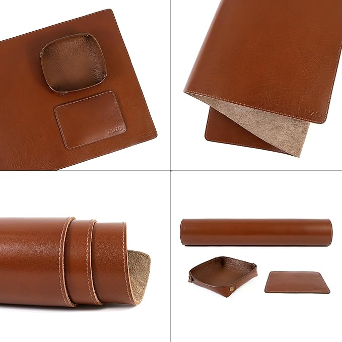 ELIZO Leather Desk Pad Real Leather Desk Mat Thick (3mm) Double Layer (31x15.6) Cover Blotter Desk Protector Large Computer Mat for Keyboard Mouse Pad Table Laptop Mat Office Accessories - Camel
