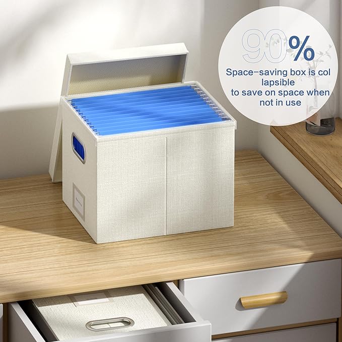 File Organizer Box - File Boxes for Hanging Files with Lid Set of 3 Decorative Hanging Folders Organizer with One-Piece Plastic Frame Slides (Beige White, 13.2 * 10.1 * 10.1in(3Pack))