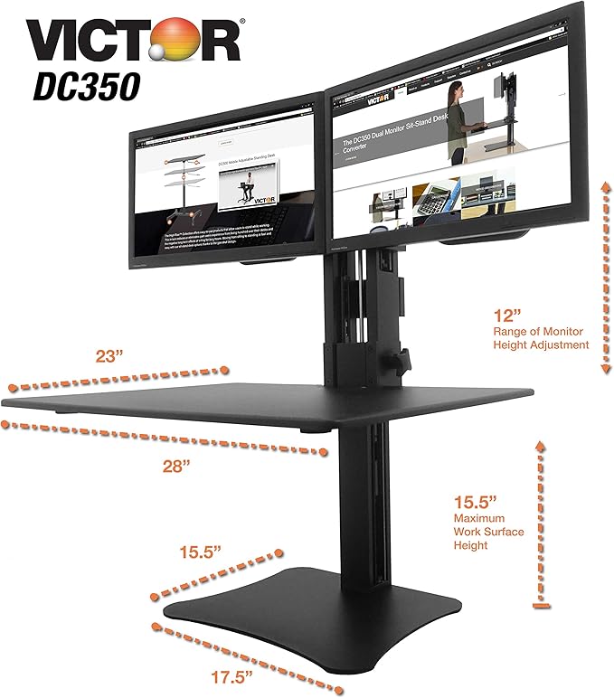 Victor High Rise Collection Dual Monitor Sit-Stand Standing Desk Converter, 28" by 23" by 15.5", Black