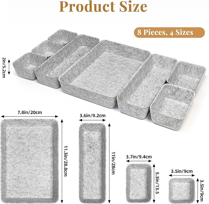 8pcs Felt Desk Drawer Organizer Tray, 4 Sizes Drawer Organizers Set for Office Supplies, Jewelry, Makeup, Cosmetics, Desk & Drawer Storage (Light Gray)