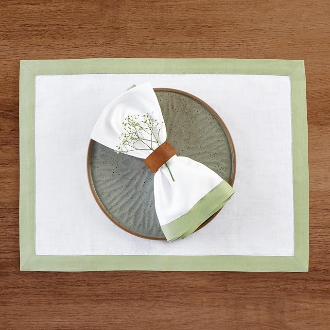 Solino Home Linen Cloth Napkins Set of 4-100% Pure Linen Sage Green and White Dinner Napkins 20 x 20 Inch for Spring, Summer - Classic, Handcrafted and Machine Washable