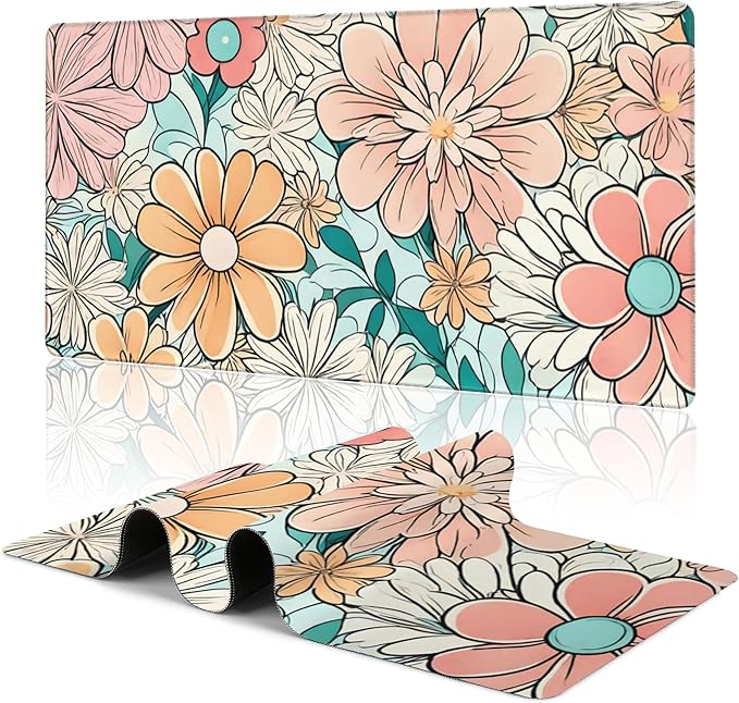 70s Inspired Flower Large Extended Gaming Mouse Pad Pink Flower XXL Mousepad Desk Pad for Keyboard and Mouse, Non-Slip Rubber Base Mousepad with Stitched Edges for Office Desk Decor, 31.5 x 15.8 in