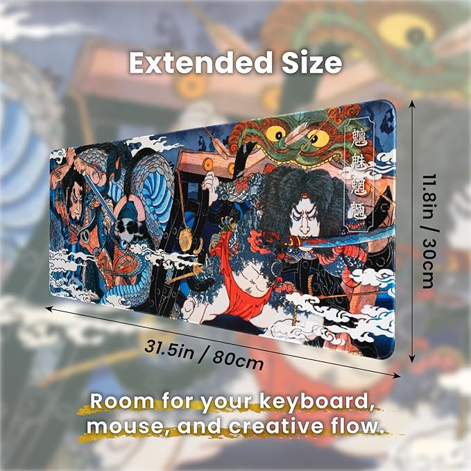 BELLEMOND Japanese Art Desk Mat | Large 31.5x11.8in Anime Mouse Pad for Keyboard & Mouse | Non-Slip Base, Water-Repellent | Original Japanese Design | Dragon Duel