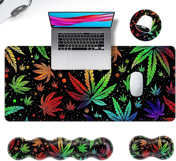 Ergonomic Mouse Pad Set with Wrist Support for Keyboard and Wrist Rest for Mouse, Memory Foam Comfort, Non-Slip Large Desk Mat for Home Office Pain Relief,Psychedelic Weed Leaf