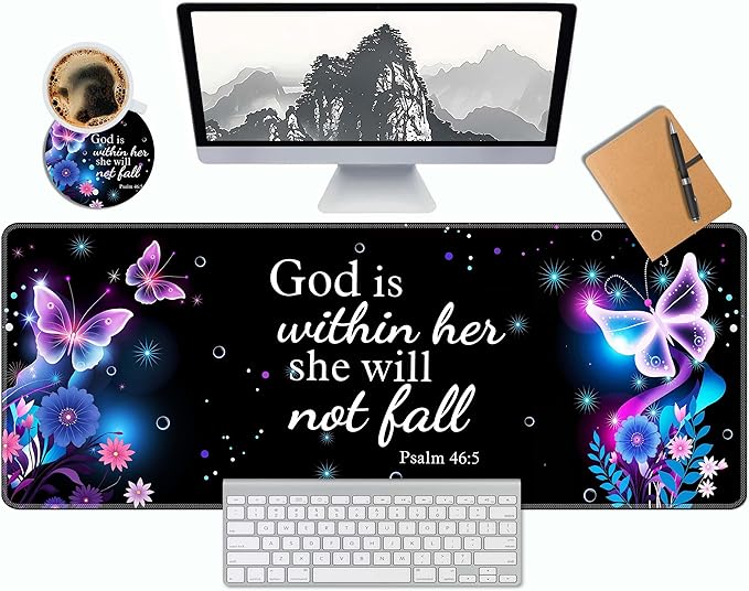 Extended Mouse Pad 31.5 x 11.8 Inches – AiLiTeck Decorative Desk Mat Mousepad with Stitched Edges for Home Office, Waterproof Washable, Includes Matching Coaster Bible Verse Women