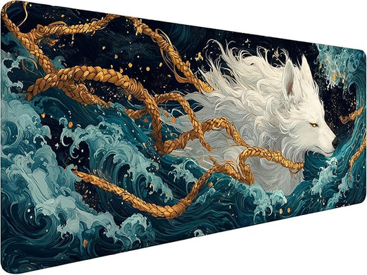Japanese Mythology Gaming Mouse Pad Anime White Wolf Waves Fantasy Extended Gaming Mouse Pad Mat with Stitched Edge Non-Slip Base Big Size 31.5"x11.8" Office Computer Keyboard Laptop Home