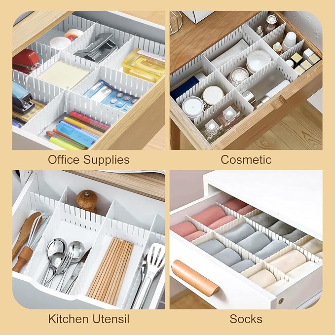 16Pcs Adjustable Drawer Divider, 14.6 Inch DIY Grid Drawer Organizer Dividers Plastic Kitchen Drawer Dividers,White Drawer Organizers for Sorting Underwear, Socks, Makeup, Cutlery
