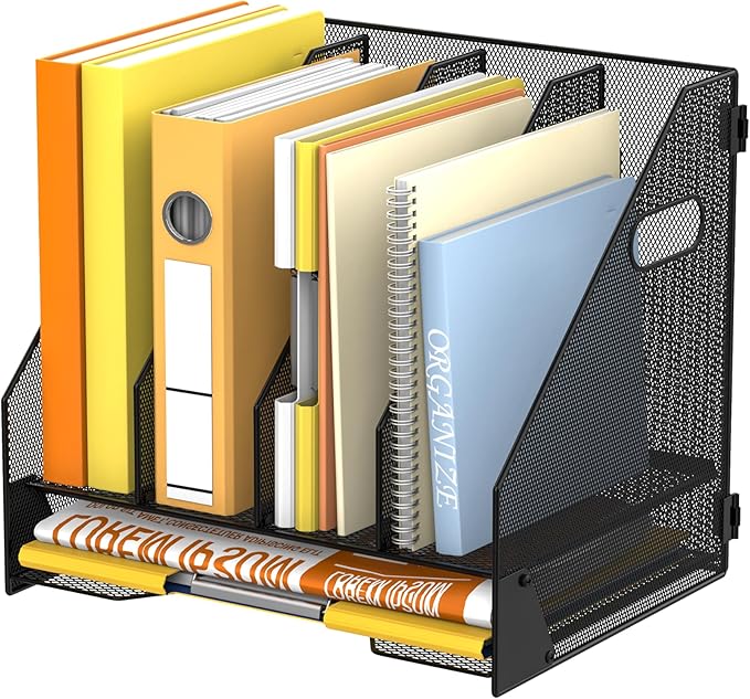 DALTACK Magazine File Holder, 4 Vertical Compartments Rack Binder Organizer with Paper Tray, Metal Magazine Organizer for Office, Home, School (Black)