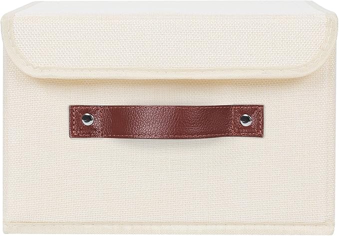 ANMINY 4PCS Storage Bin with Lid Storage Boxes with PU Leather Handles PP Plastic Board Decorative Foldable Lidded Cotton Linen Fabric Home Cubes Baskets Closet Organizer Container - Beige, Medium